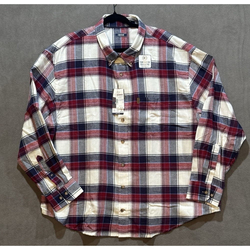 IZOD Mens Big and Tall Flannel Shirt 2XL Red Plaid Temperature Regulating NEW